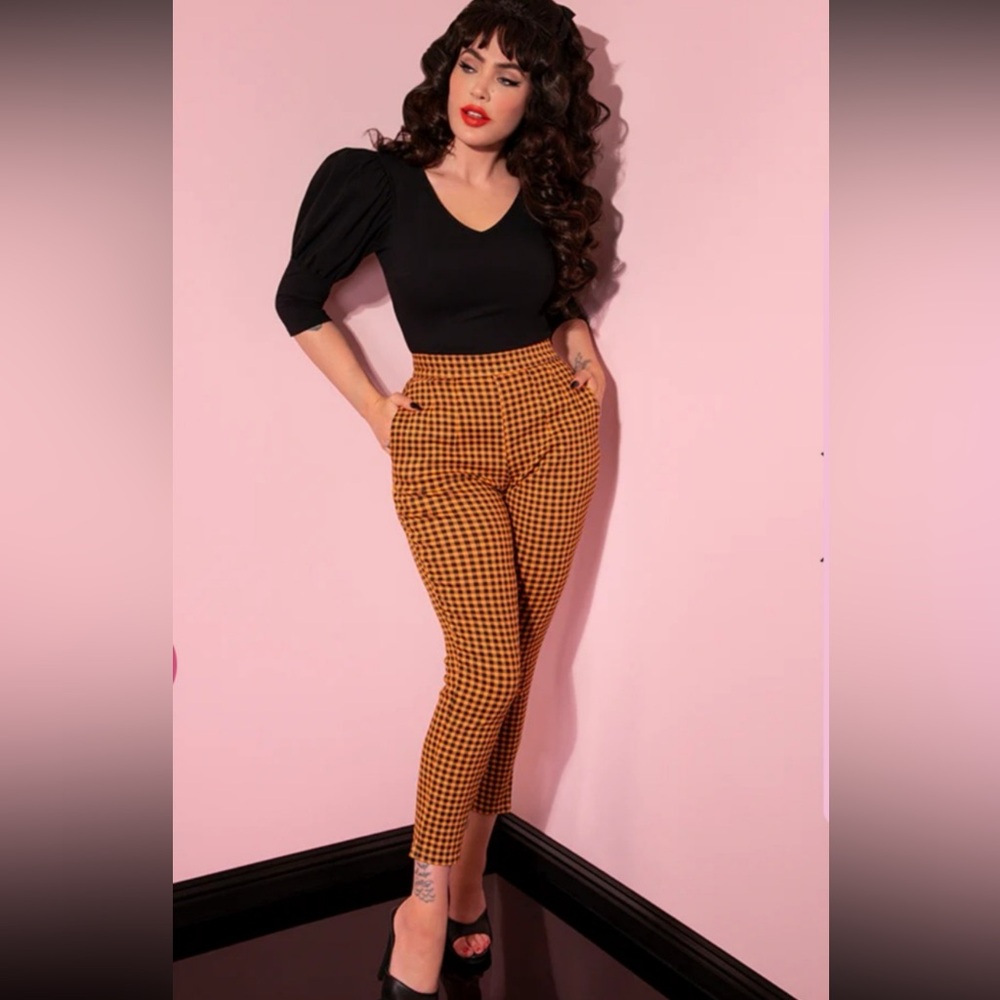 Vixen Gingham Cigarette Pants Orange Pumpkin Spice and Black - Small Medium